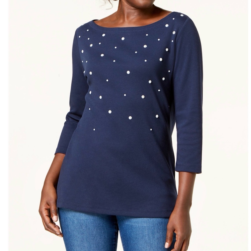 Karen Scott Purple Rhinestone Studded Long Sleeve Cotton Top Size M‎